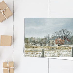 Carte Livin' on the Edge - carte blanche 5x7 - carte horizontale - carte aquarelle - vie à la campagne - ferme abandonnée - carte de Noël - vieille ferme