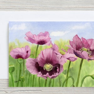 Carte de pavot violet au soleil - carte horizontale 5 x 7 - carte vierge