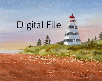 WestPoint Lighthouse digital print - PEI - PEI lighthouse - watercolour - ocean - sand  - lighthouse - sunset - decor - wall art - download