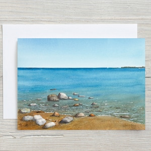 Carte Huron Shore Rocks - aquarelle - carte de voeux vierge - journée ensoleillée - carte horizontale 5 x 7 - lac Huron - rochers sur la plage - Southampton