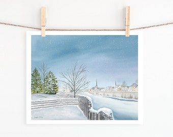 Softly Falling on the Grand print - Cambridge - watercolour   matted giclee print - Christmas painting - snow scene - river