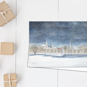 Carte All is Calm on the Millpond - nuit enneigée - carte aquarelle - carte de Noël vierge 5 x 7 - nuit enneigée du village - Hespeler - Cambridge