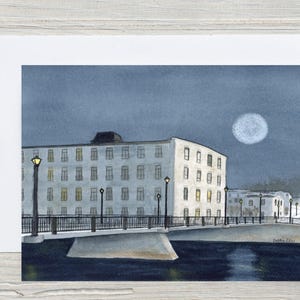 Winter Moon Over Hespeler card - winter night - Cambridge church - watercolour - blank card