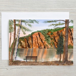 Carte Bon Echo Park - aquarelle - Bon Echo Park - terrain de camping - souvenirs de vacances - falaises - carte vierge 5 x 7 - carte de voeux horizontale