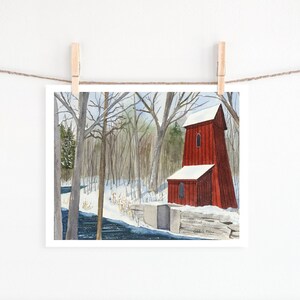 Sheave Tower Blair - old mill - giclee print - watercolour - red building - winter - snow scene - Cambridge