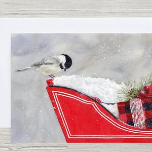 Carte mésange et traîneau - carte de voeux - oiseau d'hiver - traîneau du père Noël - mésanges - aquarelle