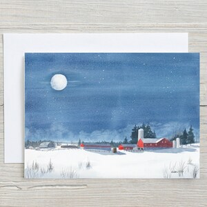 Carte All is Bright - ferme d'hiver - clair de lune - carte vierge horizontale 5 x 7 - peinture de Noël - ferme enneigée - carte d'hiver
