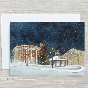 Carte Lumières de Noël - Hespeler - carte d’art - carte aquarelle - nuit enneigée - Cambridge - carte de vœux 5x7 - carte vierge