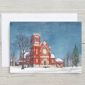 Carte Holy Night St Clements - Preston - Cambridge - carte de Noël 5 x 7 - carte vierge - réveillon de Noël - église enneigée - carte horizontale