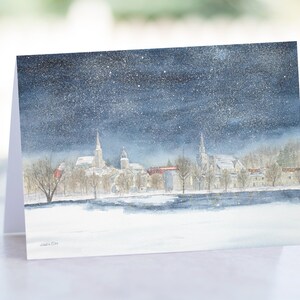 Carte All is Calm on the Millpond - nuit enneigée - carte aquarelle - carte de Noël vierge 5x7 - nuit de village enneigée - Hespeler - Cambridge