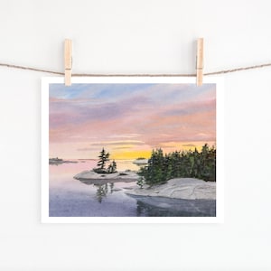 Georgian Bay Reflection print - sunset - Ontario lake - pink sky - watercolour - giclee print - wall decor - cottage life - island - holiday
