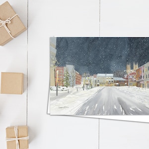 Carte du réveillon de Noël à Guelph - carte de nuit enneigée - Comté de Wellington - centre-ville dans la neige - carte horizontale 5x7 - carte vierge