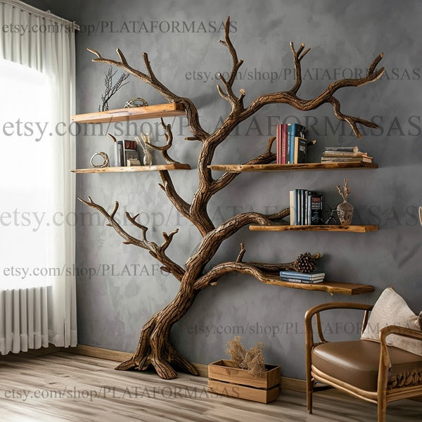 Tree books shelf decor solid wood carving floating bookshelf wall mount driftwood branch shelves on wall art