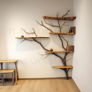 Corner tree branch shelf wall mount solid wood tree bookshelf decor driftwood floating live edge shelving home art