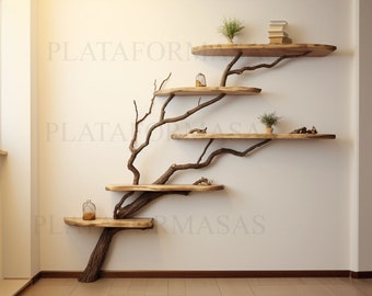 Tree branch floating corner shelf solid wood wall mount bookcase live edge shelving home art