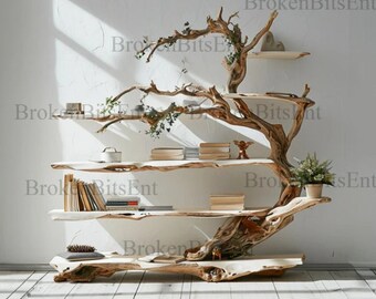 Tree branch standing corner shelf solid wood live edge floating shelf rustic bookcase decorations decor home