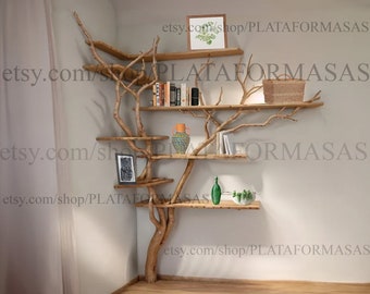 Tree bookshelf driftwood branch live edge floating shelf wall mount solid wood shelves on wall decor