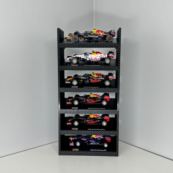 V2 6 Car Tilted Bburago 1:43 1/43 F1 Formula 1 Race Car Display Stand w Wall Mount Hanging Shelf Storage Diorama Diecast Model Angled