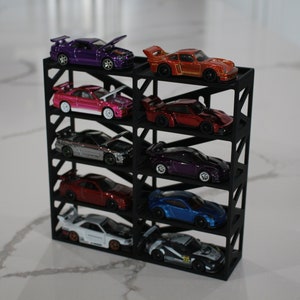 V1 Hotwheel 10 Car Display Stand Industrial Design w Hidden Wall Mount Hook Hole Hanging Shelf Storage Diorama Diecast Model Car 1/64 1:64