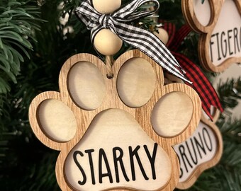 Personalised Wooden Pet Paw Christmas Decoration, Custom Dog or Cat Ornament