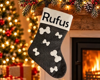 Personalised Pet Christmas Stocking, Custom Dog Stocking, Grey Bone Design