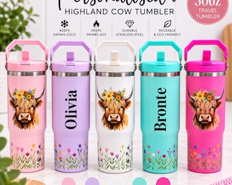 Personalised Highland Cow Tumbler, 30oz Insulated Tumbler Cup, Cow Lover Gift