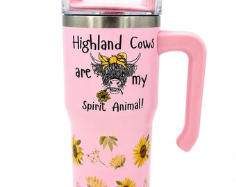 Personalised Highland Cow 20oz Tumbler, Insulated Travel Cup with Lid, Handle & Straw