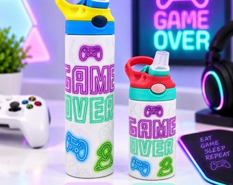 Personalised Kids Gaming Water Bottle, Insulated Gamer Bottle, School Bottle with Straw & Handle