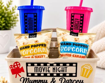Personalised Movie Night Snack Caddy, Family Film Night Tray, Drinks & Treats Holder, Custom Family Gift