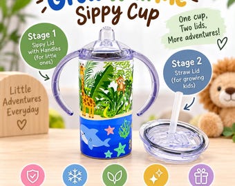Personalised Baby Sippy Cup, Grow with me Toddler Cup, 2 Lids, 12oz Insulated Stainless Steel