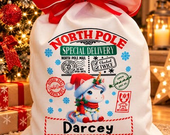 Personalised Unicorn Santa Sack, Large Christmas Gift Bag, North Pole Special Delivery