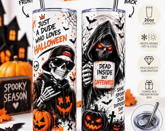 20oz Men's Halloween Tumbler | Dead Inside But Caffeinated | Funny Coffee Cup