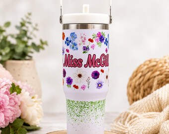 Personalised Flower Tumbler with Handle, Insulated Cup, Flip Lid, Glitter Gift