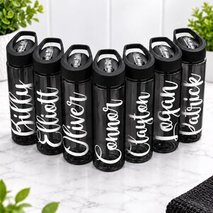 Pu&ograve; includere: Sette borracce in plastica nera traslucida disposte a semicerchio. Ogni borraccia presenta un tappo nero con una cannuccia trasparente a scatto ed &egrave; personalizzata con un nome in corsivo bianco: Billy, Elliott, Oliver, Connor, Clayton, Logan e Patrick.