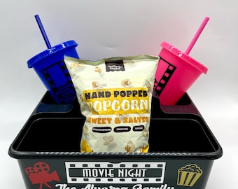 Personalised Movie Night Box, Family Time, Date Night, Girls Night, Kids Film Party, Movie Caddy for Drinks and Sweets, Black Glitter