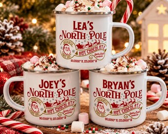 Personalised Christmas Enamel Mug, Custom Name Christmas Hot Chocolate Cup