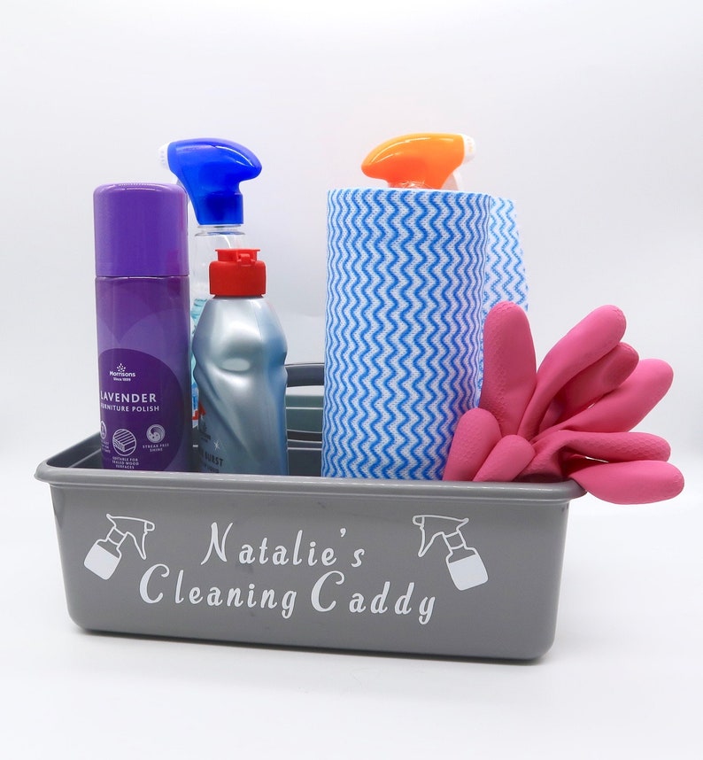 Personalised Cleaning Caddy, Cleaning basket, Caddie, Tub. Silver Personalised Cleaning Box image 2