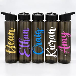 Pu&ograve; includere: Cinque borracce in plastica grigio scuro traslucido con tappi e cannucce neri. Ogni bottiglia presenta un nome in un carattere corsivo di colore diverso: Bean in giallo, Ethan in viola, Craig in blu, Kieran in bianco e Amy in rosa.
