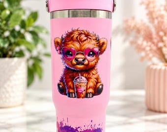 Highland Cow Tumbler, Personalised 30oz Travel Cup with Handle