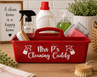 Personalised Red Cleaning Caddy, Cleaning basket, Caddie, Tub. Glitter Personalised Cleaning Box