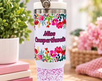 Personalised 30oz Floral Tumbler with Flip Lid & Handle, Glitter Cup
