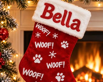 Personalised Dog Christmas Stocking, Custom Pet Stocking, Red Woof Paw Print