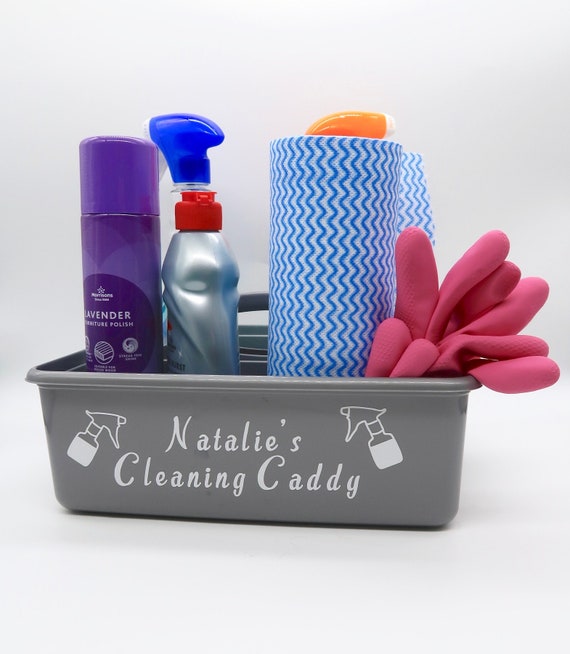 Personalised Cleaning Caddy, Cleaning Basket, Caddie, Tub. Silver  Personalised Cleaning Box 