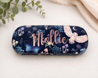 Personalised Owl Glasses Case, Butterfly & Floral Design, Navy Hard Shell
