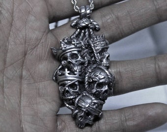 Hand sculpted Dead kings skull pendant : Oxidized lead free pewter, white brass and Sterling Silver necklace