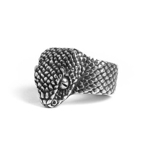 Könnte beinhalten: Ein silberner Ring mit einem detaillierten Schlangendesign. Der Kopf der Schlange ist nach vorne gerichtet, der Mund geschlossen. Der Ring ist aus Metall und hat eine strukturierte Oberfläche.