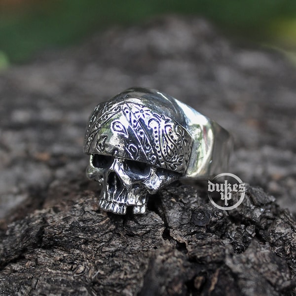 Hand Sculpted Jawless hardcore mexican gangster skull bandana ring : Oxidized brass and sterling silver ring. Perfect birthday gift for you