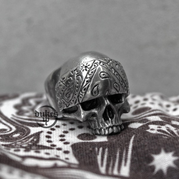 Hand Sculpted Jawless skull bandana gangster ring : Oxidized lead free pewter, brass and sterling silver ring. Perfect birthday gift for you