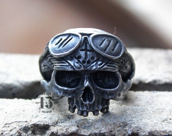 Hand sculpted Jawless skull bandana biker ring : Oxidized lead free pewter ring