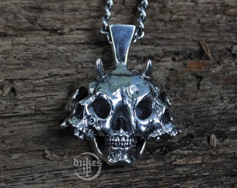 Handmade two jawless skull pendant with satanic horns, Oxidized brass and sterling silver skull pendants, Perfect give for your love ones